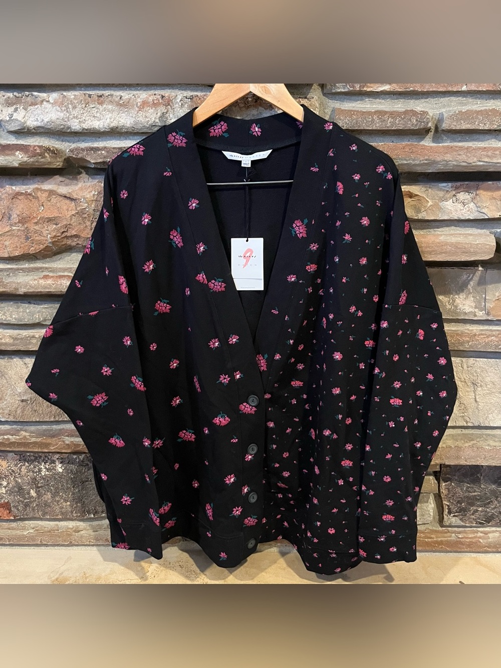 The Nines by HATCH Black Stretch Cotton Cardigan with Pink Floral Print